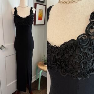 Vintage 90s Charlotte Russe Rosette Soft Goth Maxi Body-con Dress Black Wms M